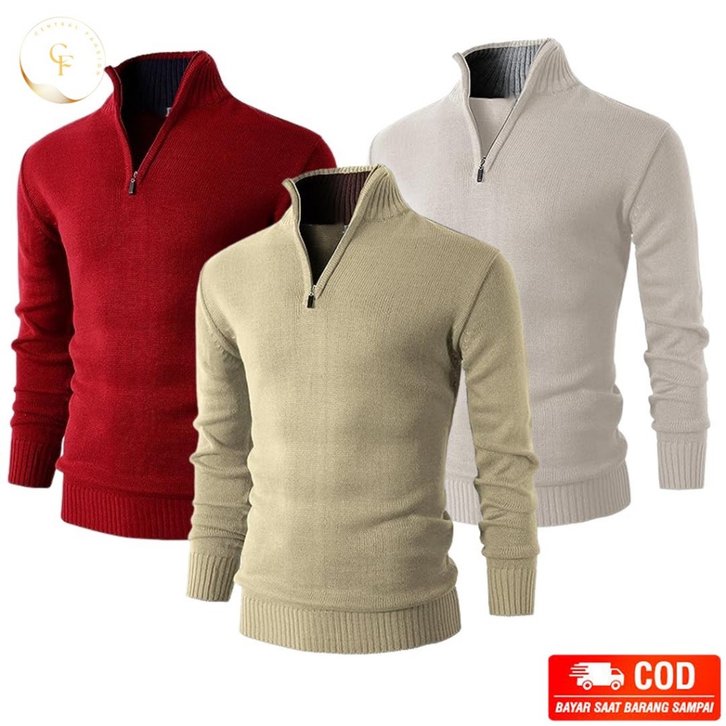 Rajut Sweater Pria Knitted Polos Model Resleting Setengah Bahan High Quality Rajutan Cowok Switer Ke