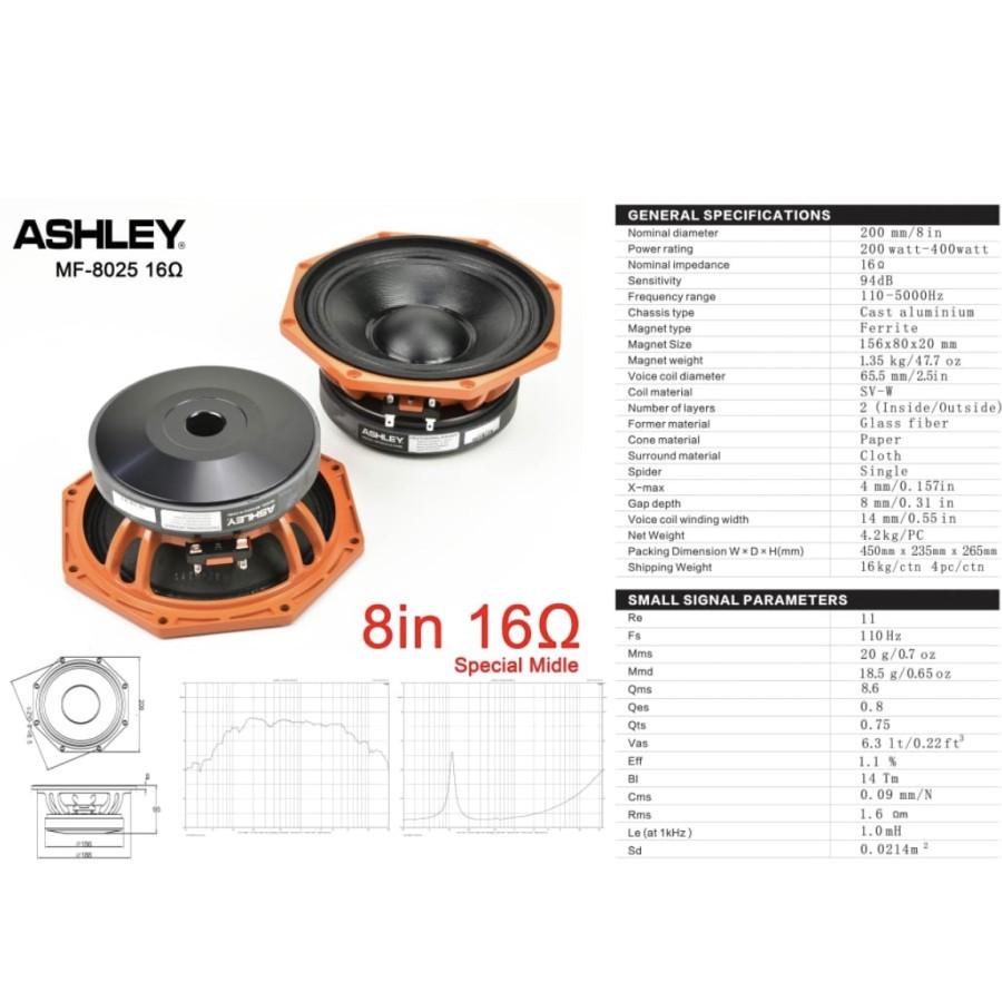 Speaker Komponen ASHLEY MF 8025 MF8025 ORIGINAL 8 INCH MIDDLE