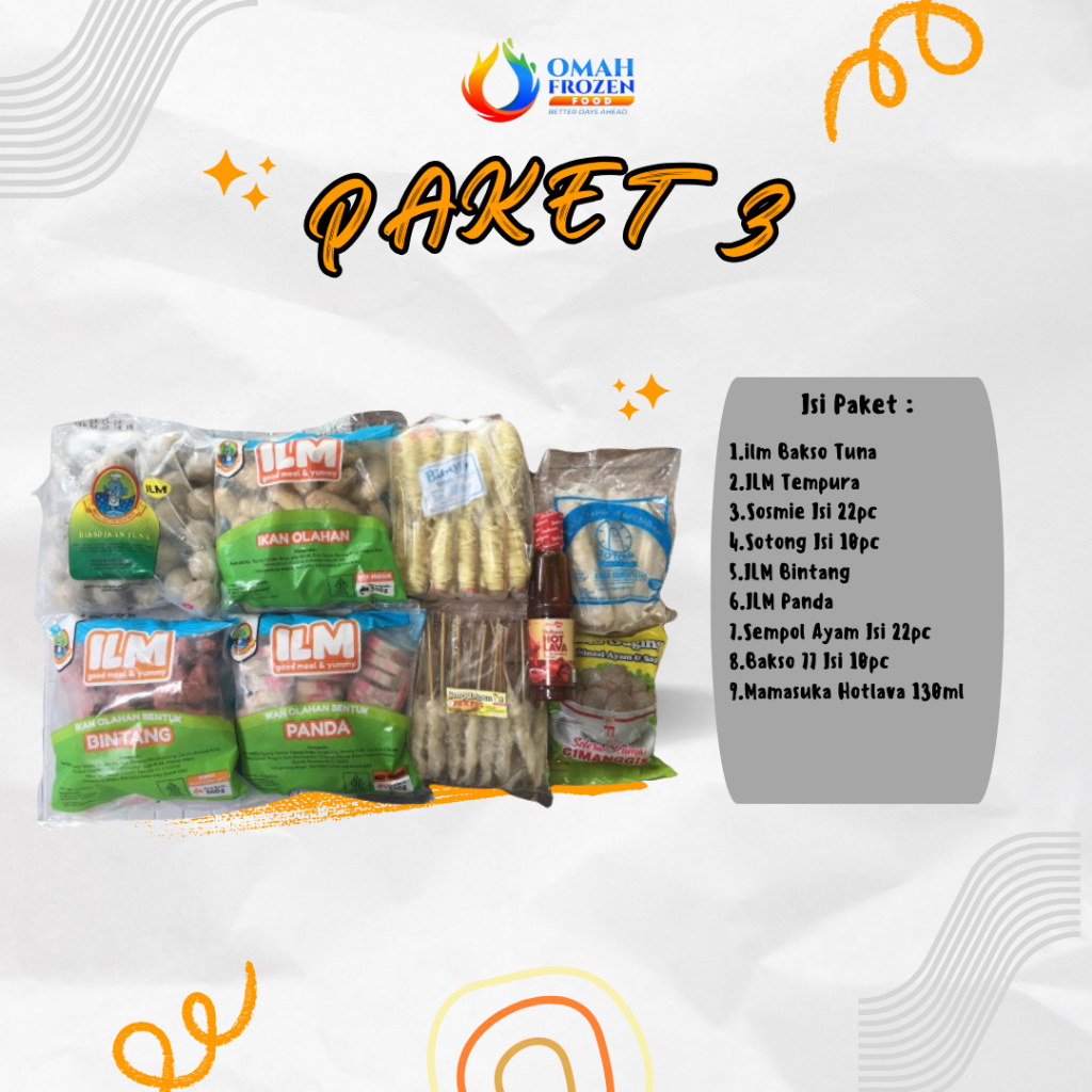 

Paket 3 Paket Frozen Food (ILM Bakso Tuna, ILM Tempura, Sosmie, Sotong, ILM Bintang, ILM Panda, Sempol, Balso 77,Mamasuka Hotlava) (NON COD DILUAR KOTA JATENG)