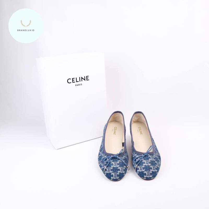 Celine Triomphe Stamped Denim Ballerina / Flats Shoes in Blue / Silver