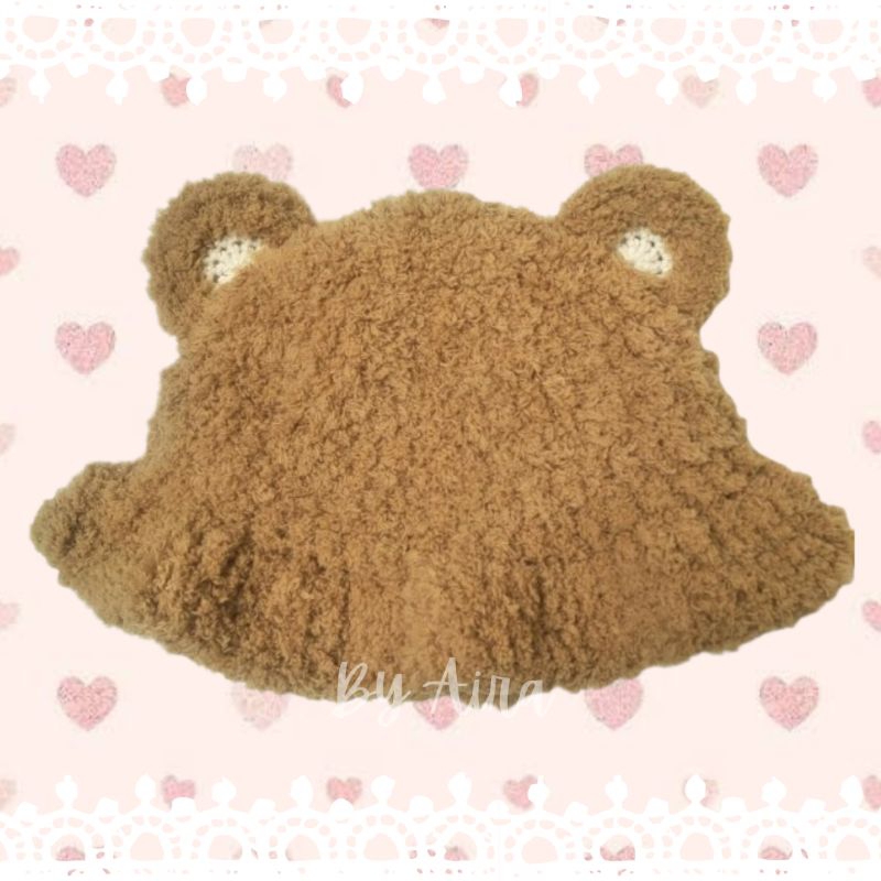 Fluffy Bear Crochet Bucket Hat Topi Rajut Bulu Telinga Beruang - Cokelat