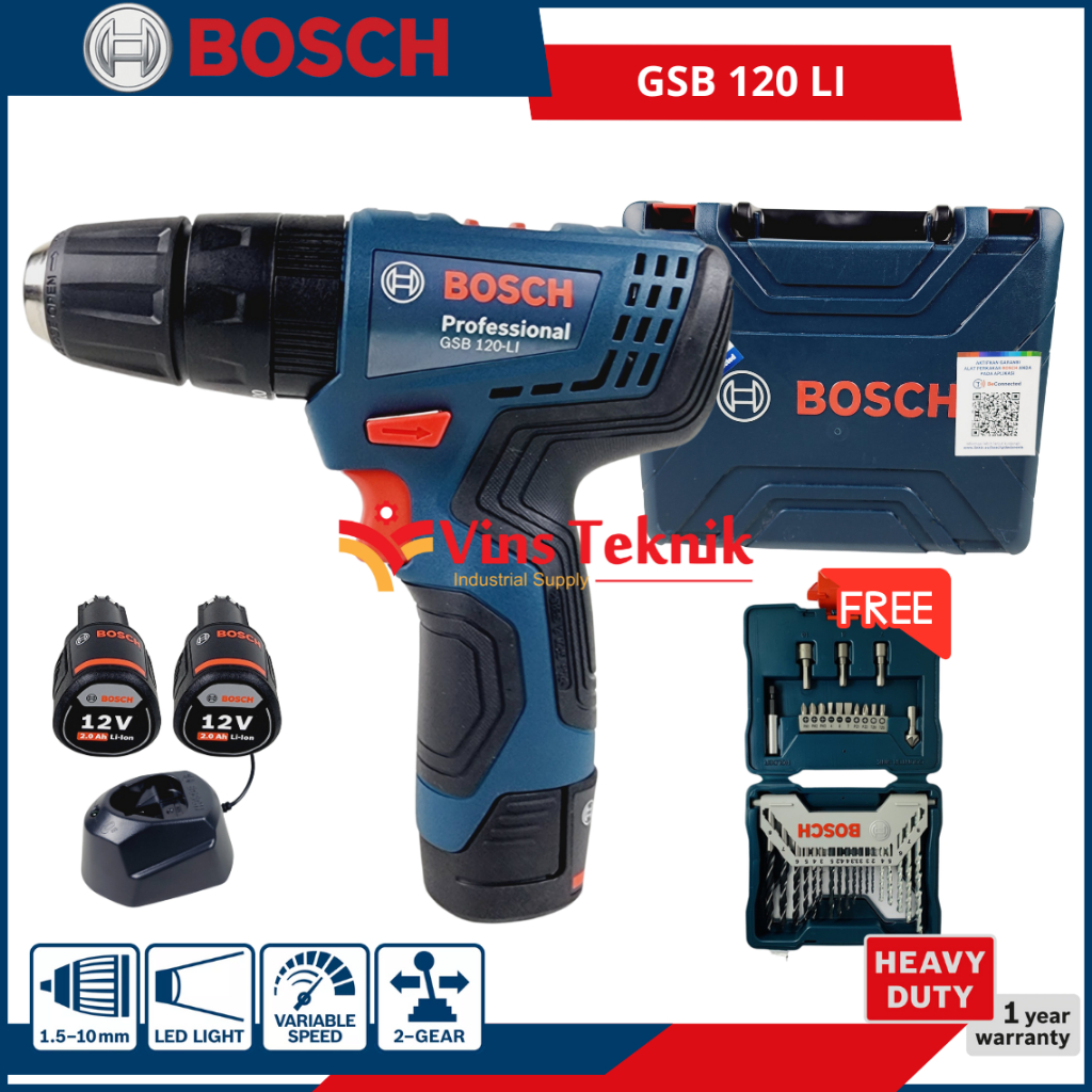 Bor Baterai Cordless Impact Drill 12V GSB120LI BOSCH GSB 120 LI + 33Pcs Xline