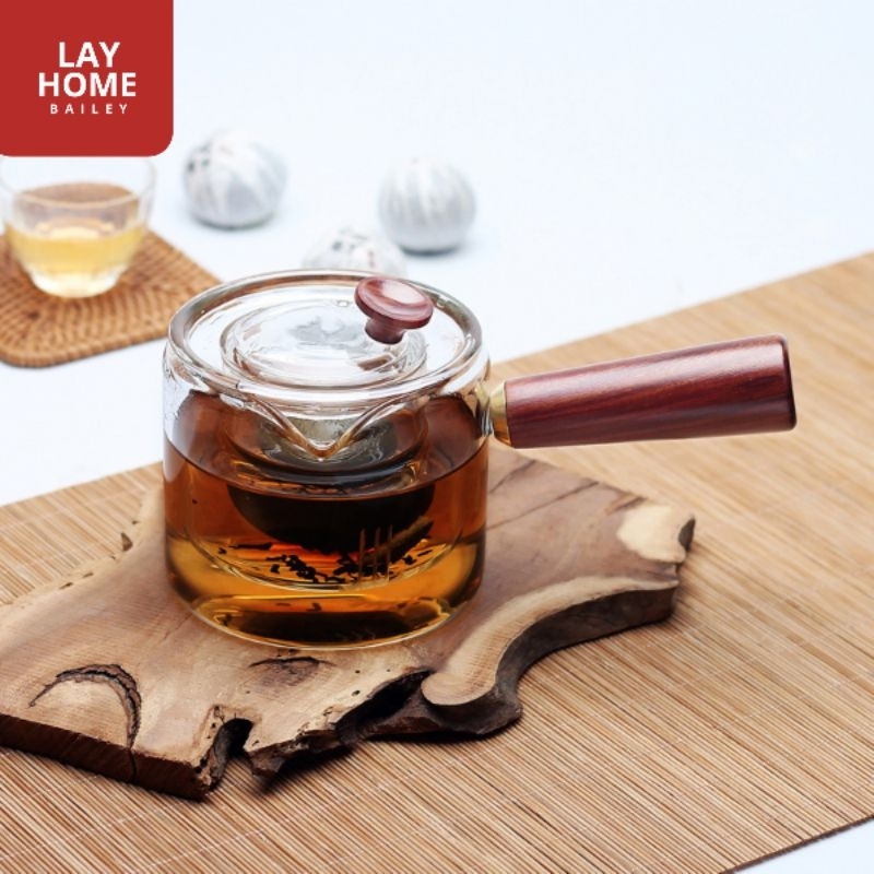 Teko Kaca Tahan Panas Dan Api Kompor Saringan Rempah Teh Gagang Kayu