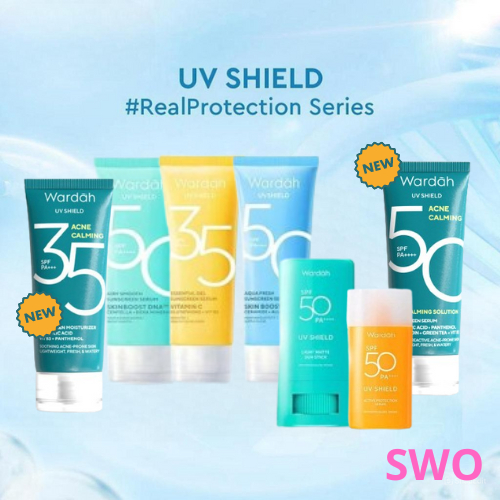 Wardah UV Shield Sunscreen Essential Gel SPF 30 | Aqua Fresh Essence Active Protection Serum | SPF 5