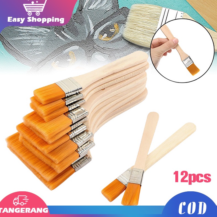 

KODE S64U 12pcs Kuas Lukis Lebar Gagang Kayu Kuas Lukis Bali Artist Kuas Cat Tebal Halus Nylon Flat Painting Brush