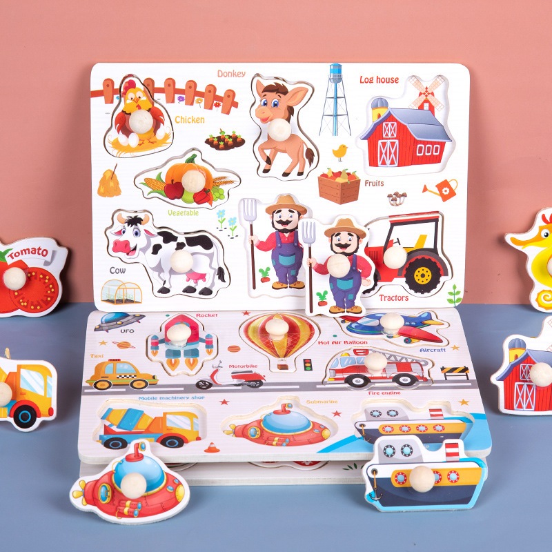 Mainan Edukasi Anak Puzzle Kayu Knob Background Bergambar Kognitif Wooden Toys Mainan Balok Hewan Ik