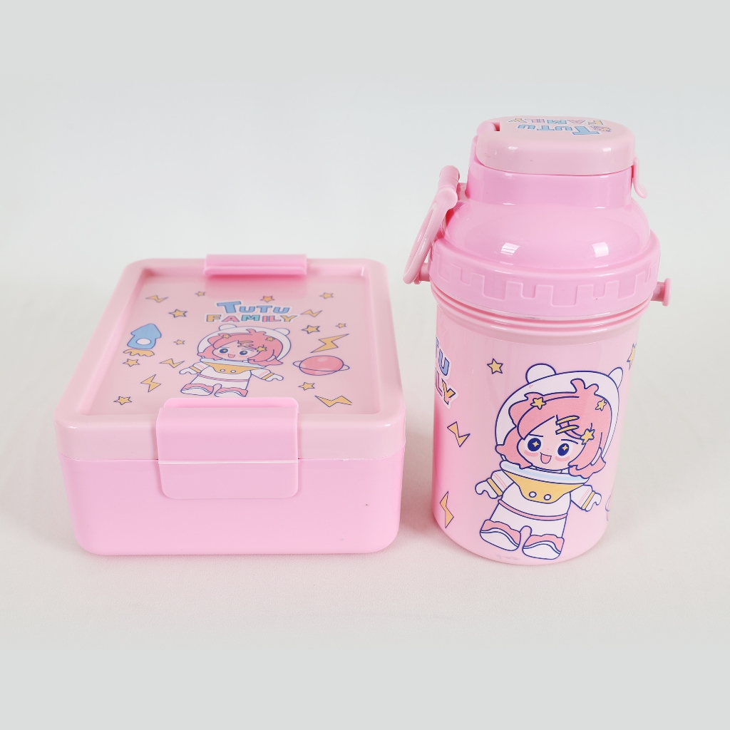 Set Kotak Makan dan Botol Minum Anak Warna Pink