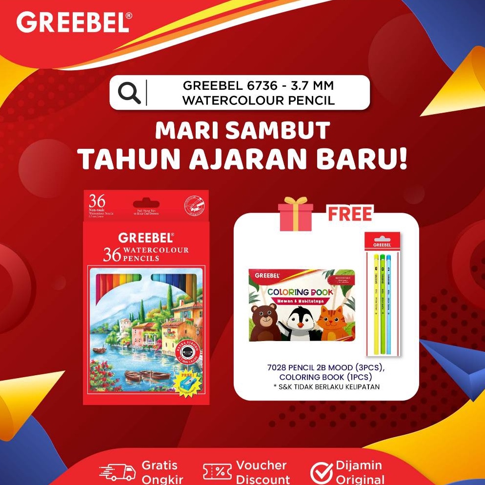 

KODE G3J GREEBEL Pensil Warna WATERCOLOR 6736 37 MM ISI 36 bonus kuas serutan ColoringColorColour Pencils Cerah tidak beracun utk mewarnai anak