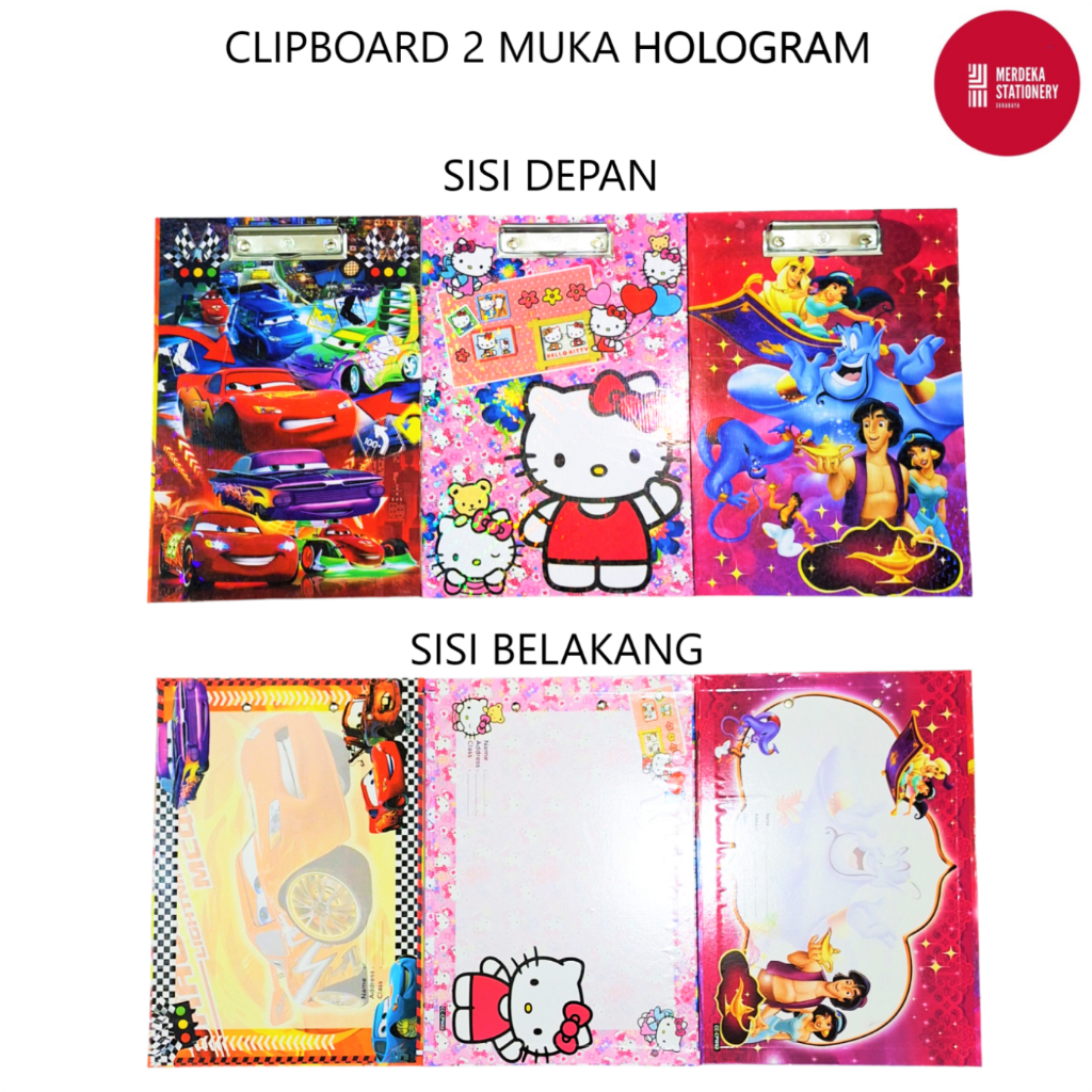 

Clipboard/Clip Board/Papan Jalan/Ujian/Dada 2 Muka/Sisi Depan Belakang Hologram Bahan Karton Tebal Fancy Lucu