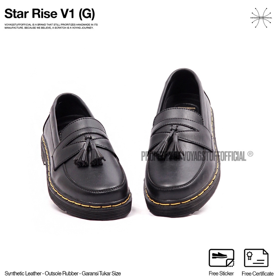 KODE V65G Voyagstuffofficial  Star Rise V1 Sepatu Slip On Pria Penny Loafers Boots Kulit Black