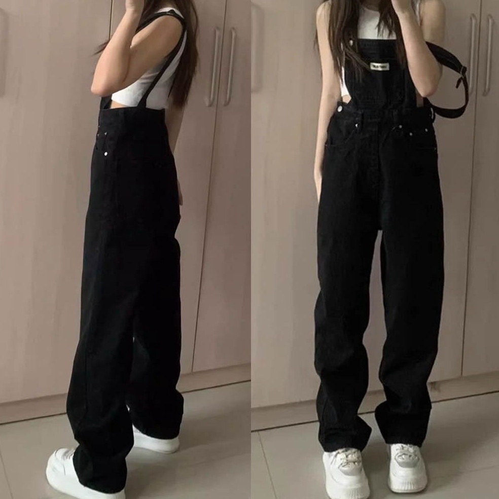 KODE A55X Overall Hitam Kaki Lebar Longgar Pinggang Tinggi Gaya Korea Wanita Celana Kodok Jeans Wani