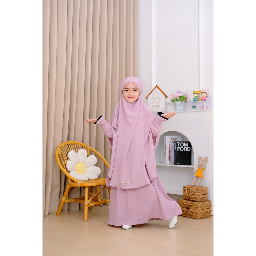 Acikku Kids - Baju Gamis Anak Perempuan Syar'i FK French Khimar Hayya Set Umur 4-13 Tahun Dusty