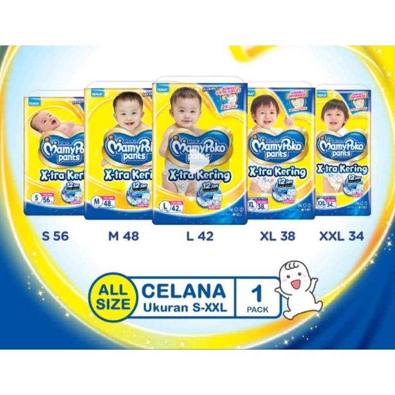 *PROMO* Mamypoko Pants Xtra Kering Popok Celana Ultra Jumbo S56 M48 L42 XL38 XXL34 XXXL20+2 S38 M32 