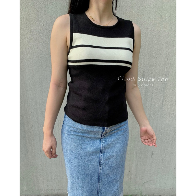 Leryn - Claudi Stripe Top Atasan Bangkok Giants Basic Lamoon  Motif Salur Knit Sleeveless Rajut Impo