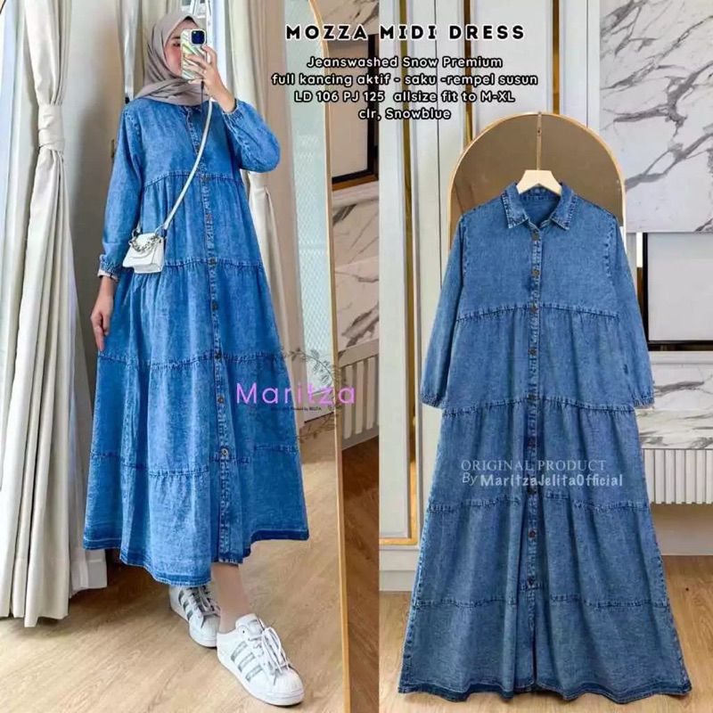 Mozza Midi Dress Jeans Wash Premium/Baju Gamis Dress Wanita Jumbo Ld 110 Terbaru/Midi Dress Denim Fu