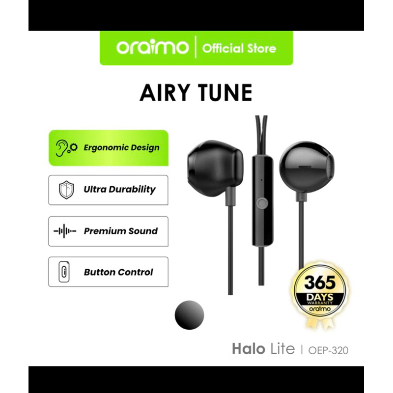 Oraimo Wired Earphone Halo Lite OEP-320 Semi In-Ear Airy Tune Headset Kabel Headphone Button Control