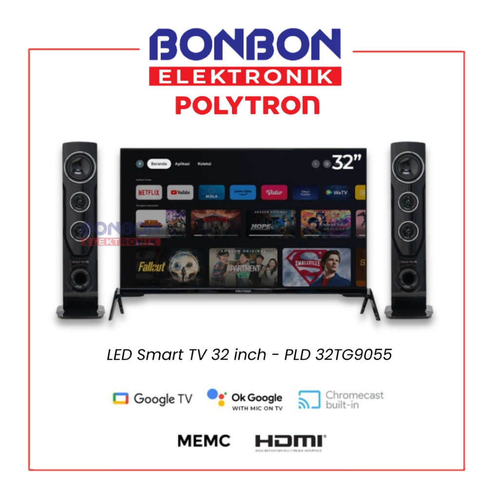 Polytron LED Smart TV 32 inch PLD 32TG9055 / Cinemax Google TV 32TG9055 Tower Speaker