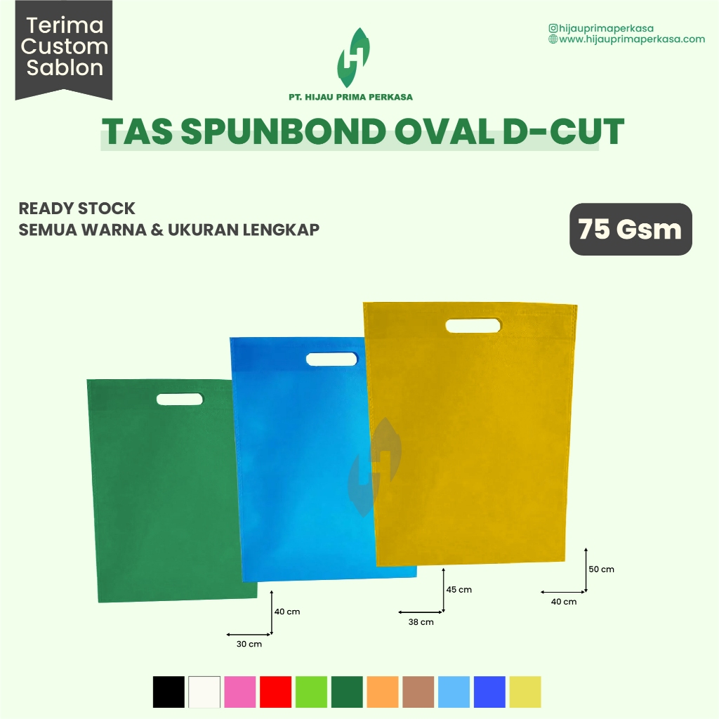 

Tas Spunbond 75 GSM Tebal Oval D-Cut Bag berwarna Goodie Bag 3 Ukuran 25x10x35 30x10x40 38x10x45