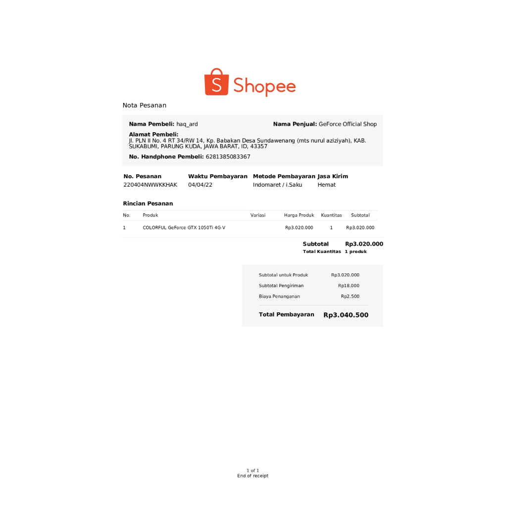 VGA Colorful GTX 1050Ti Second