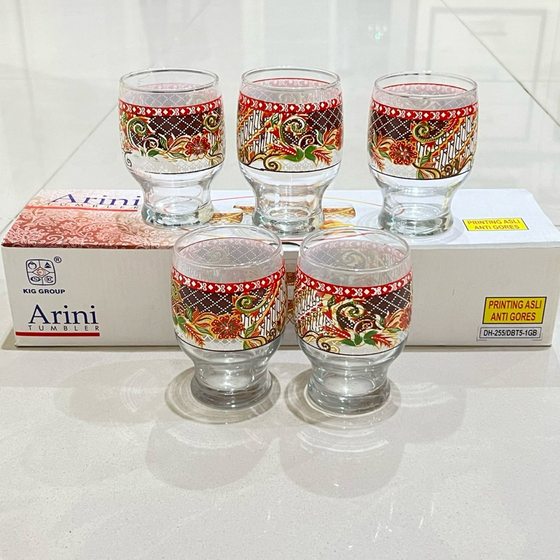 satu set gelas kaki kaca motif batik arini isi 5pcs