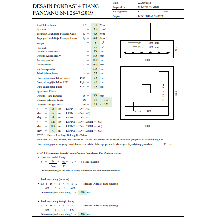 EXCEL PONDASI DALAM DESAIN KEBUTUHAN 4 TIANG PANCANG SESUAI SNI 2847:2019