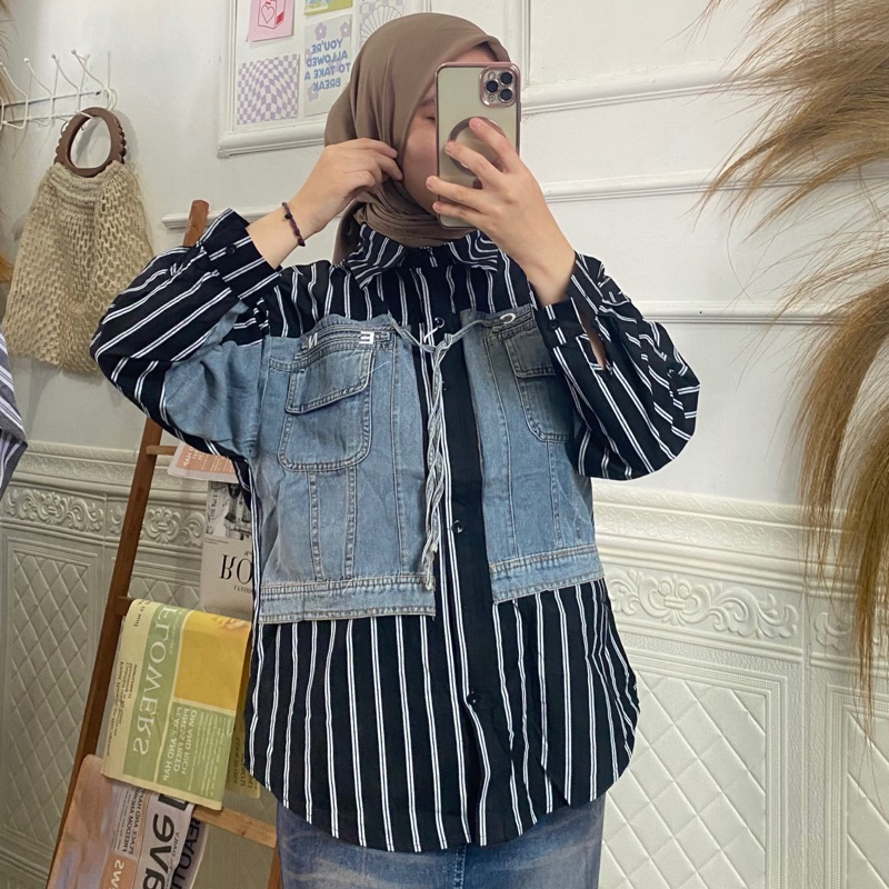 Atasan Import Salur mix Jeans atasan bangkok | atasan jeans kekinian
