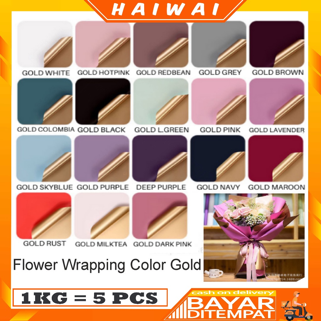 

HaiWai (1PACK) 20 Lembar Flower Wrapping Paper Bi Color Gold Emas Cellophane Kertas Buket Bunga KB02