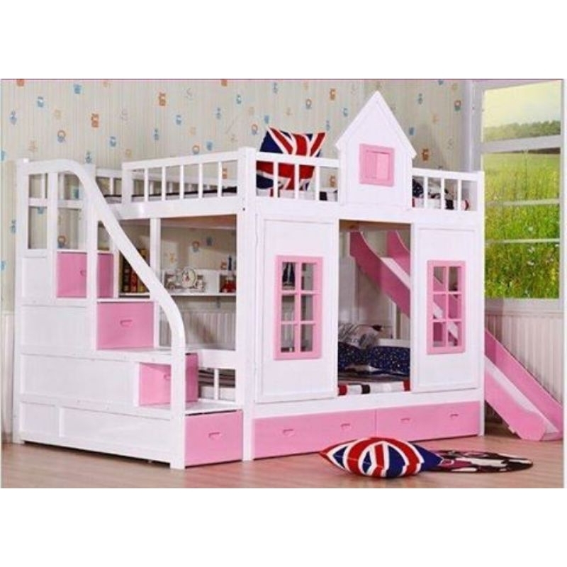 Tempat tidur tingkat anak perempuan, ranjang anak tingkat dan perosotan, Ranjang susun anak,