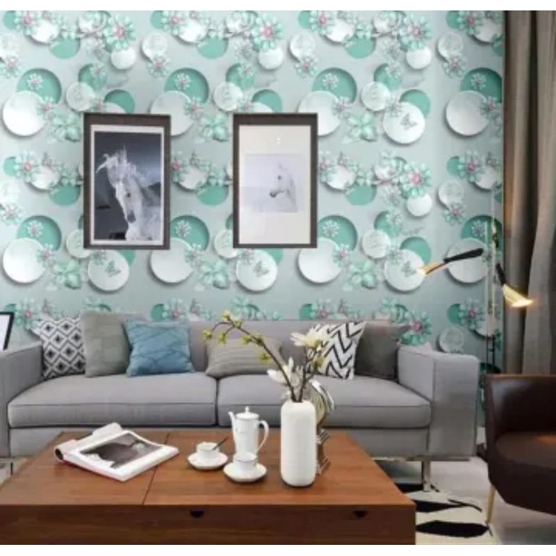 wallpaper stiker dinding bunga polkadot 3d ruang tamu mewah