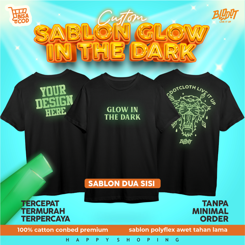 Custom dua sisi Kaos Sablon setrika polyflex cutting Glow in the dark/fosfor/ | sablon menyala |  sa