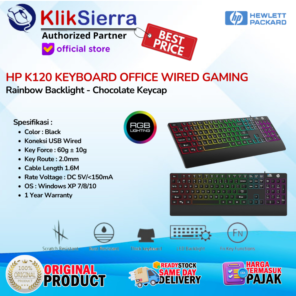 HP K120 Keyboard Office Gaming (Rainbow Backlight, Chocolate Keycap)
