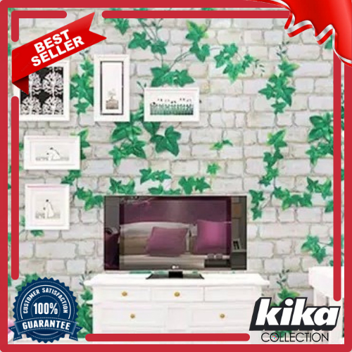 Wallpaper Dinding Motif Bata Putih Daun 45cm x 10m Wallpaper Sticker Dinding Motif Bata Daun Hijau