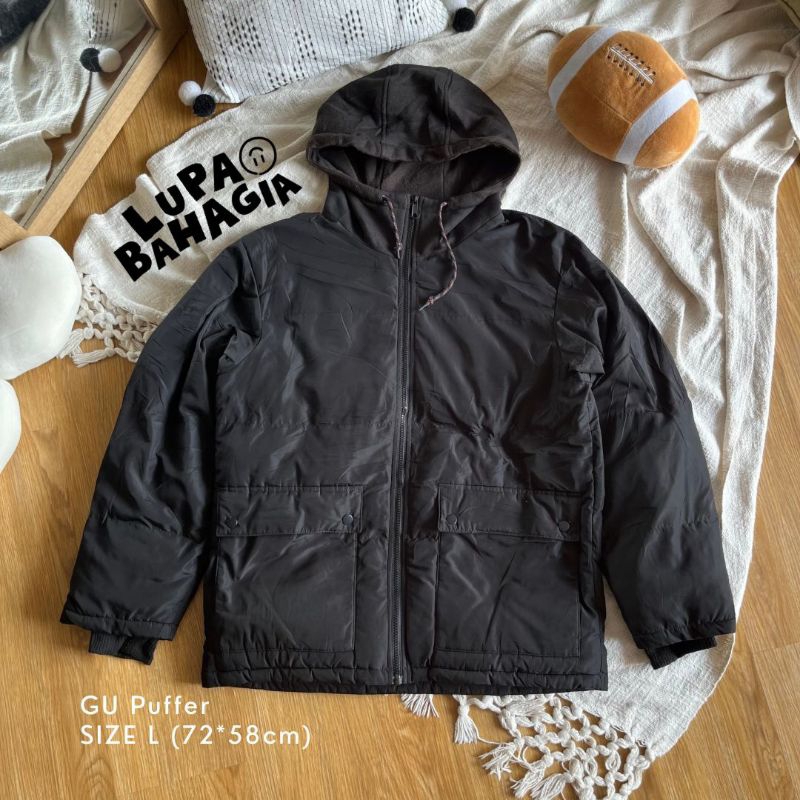GU by UNIQLO Black Puffer Hoodie Fleece Jaket size L | 100% Original