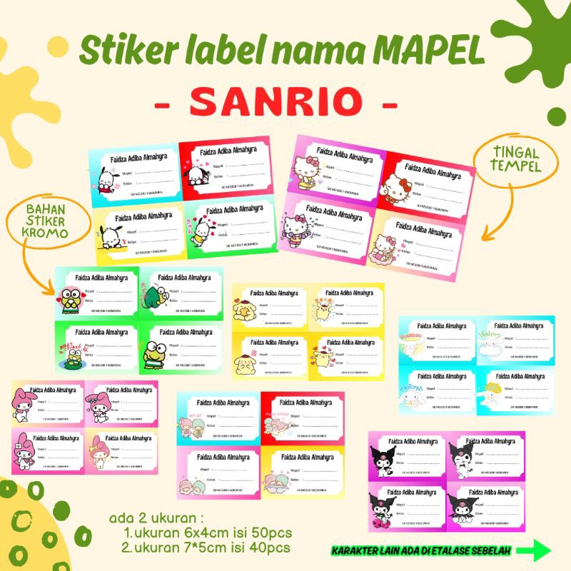 

50pcs label stiker MAPEL seri SANRIO costum nama anak
