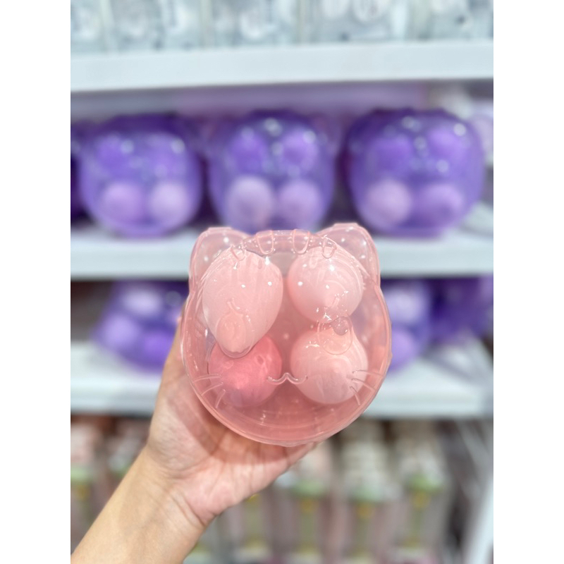MINISO MAKE UP SPONGE BEAUTY BLENDER WITH KITTY STORAGE BOX BEAR CASE 4pcs MAKEUP SPONS ALAT KECANTI