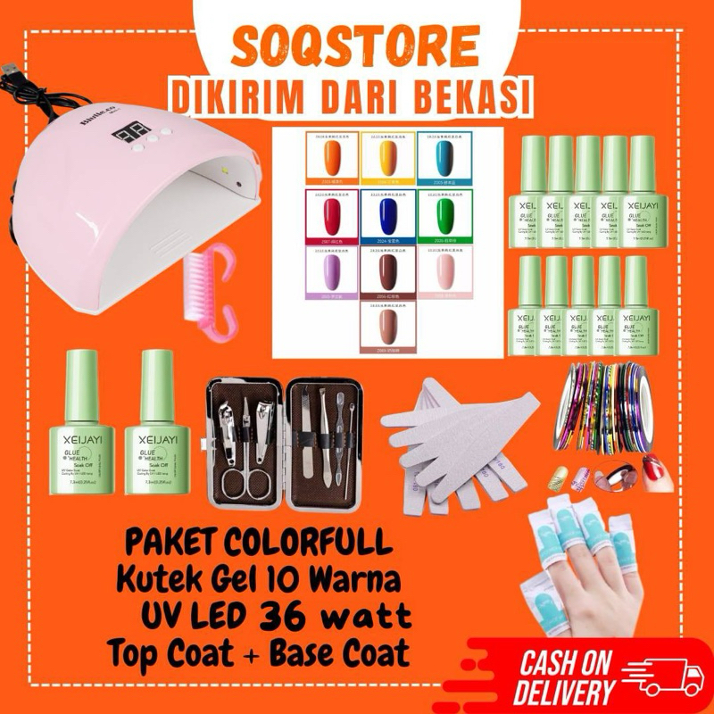 Set Paket Nail Art Nail polish Gel Kutek Gel 10 warna Pengering kutek Kuku UV LED 36 watt