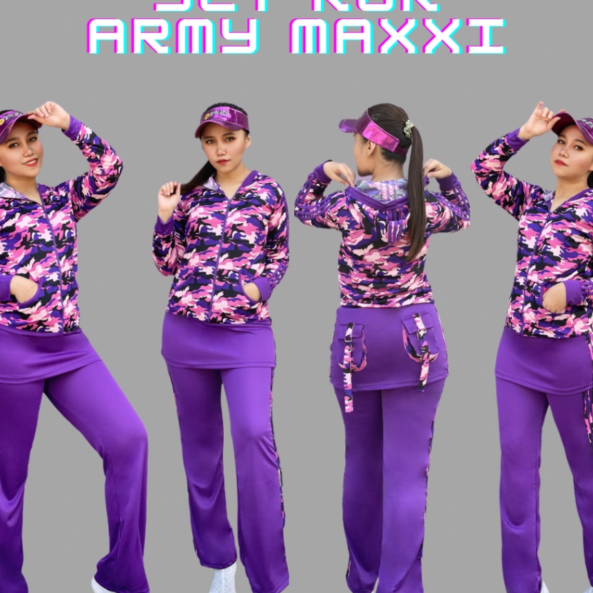KP8 Setelan Baju Senam Aerobik Zumba Olahraga Panjang Muslim Hijab Army Rok Ungu