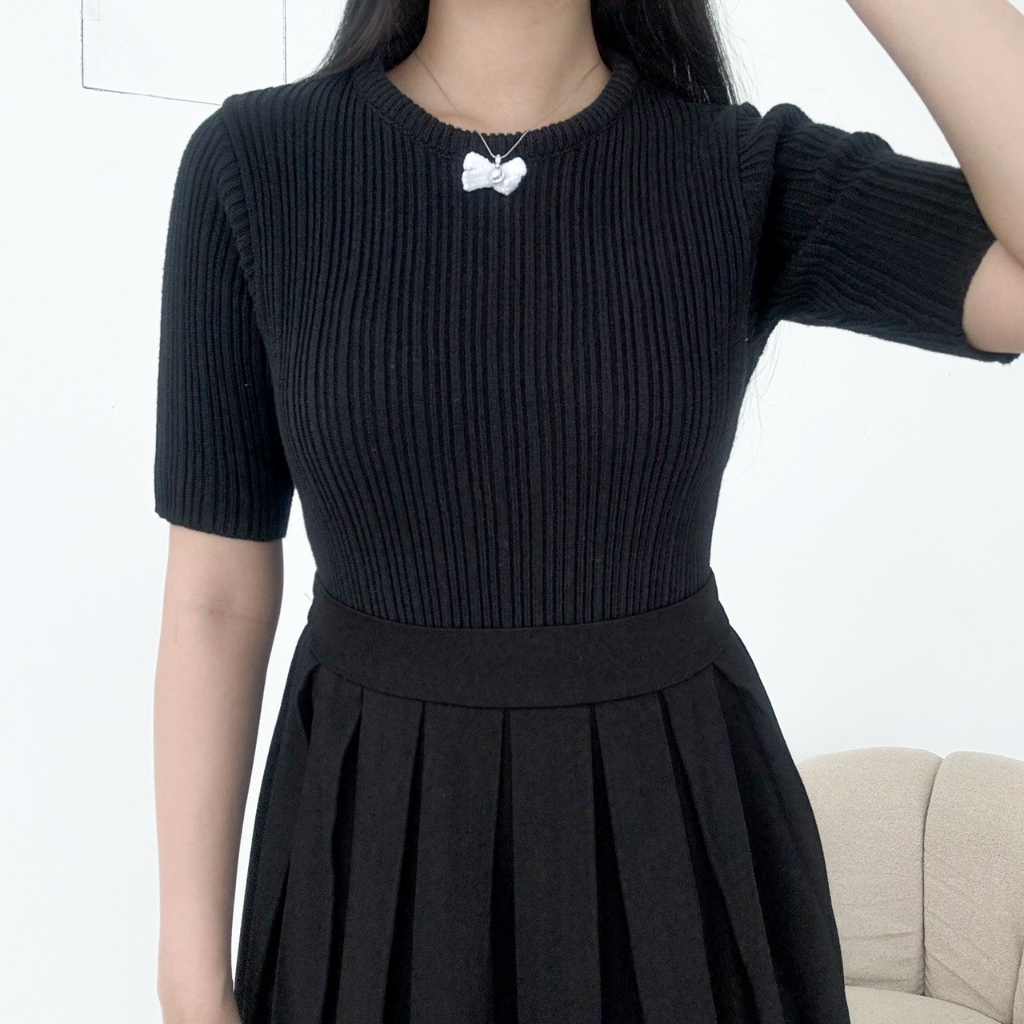 [ NEEDAKNIT ] Jihyo Atasan Wanita Baju Knit Kekinian Rib Rajut Pendek Ribbon Pita Lengan Pendek