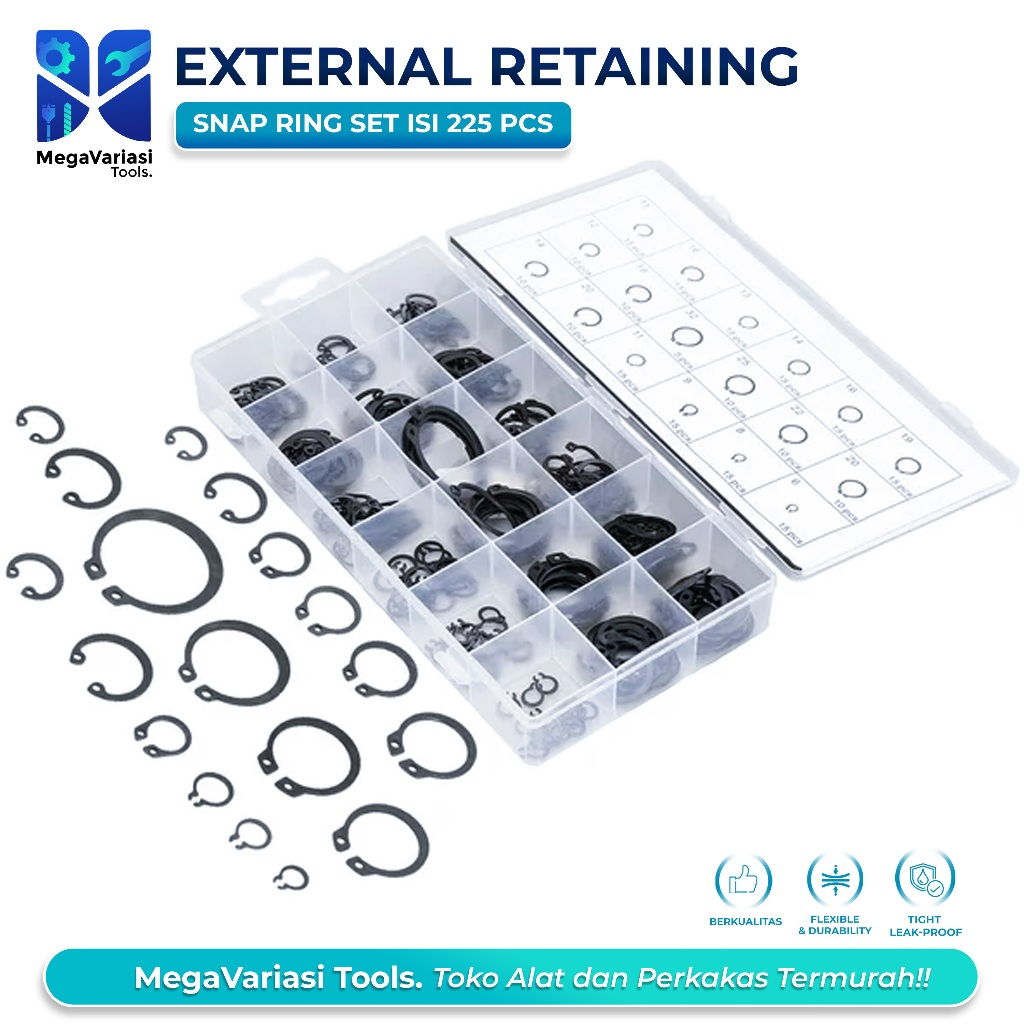 Sinarterang3 Circlip / External Retaining / Snap Ring Set Isi 225 Pcs + Box / Stainless Steel