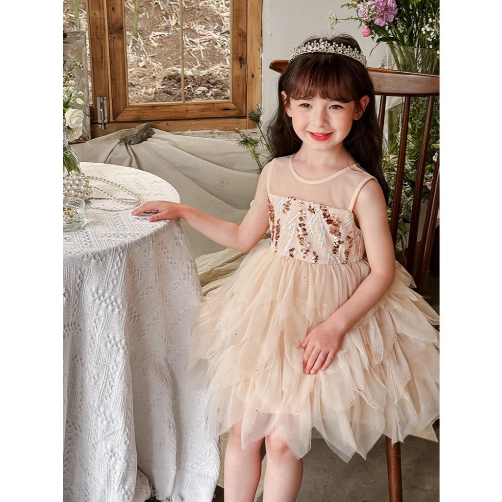 Girl Dress Baju Pesta Party Gaun Ulang Tahun Birthday Rose Gold Krem Elegan anak Perempuan Cewek
