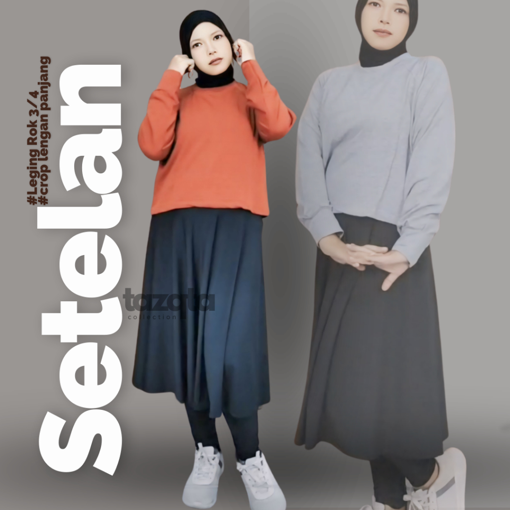 Setelan Olahraga TAZQTA Mix Leging & Rok Bawah Lutut Crop Kaos Tg. Panjang Legging Rok Payung Sporty