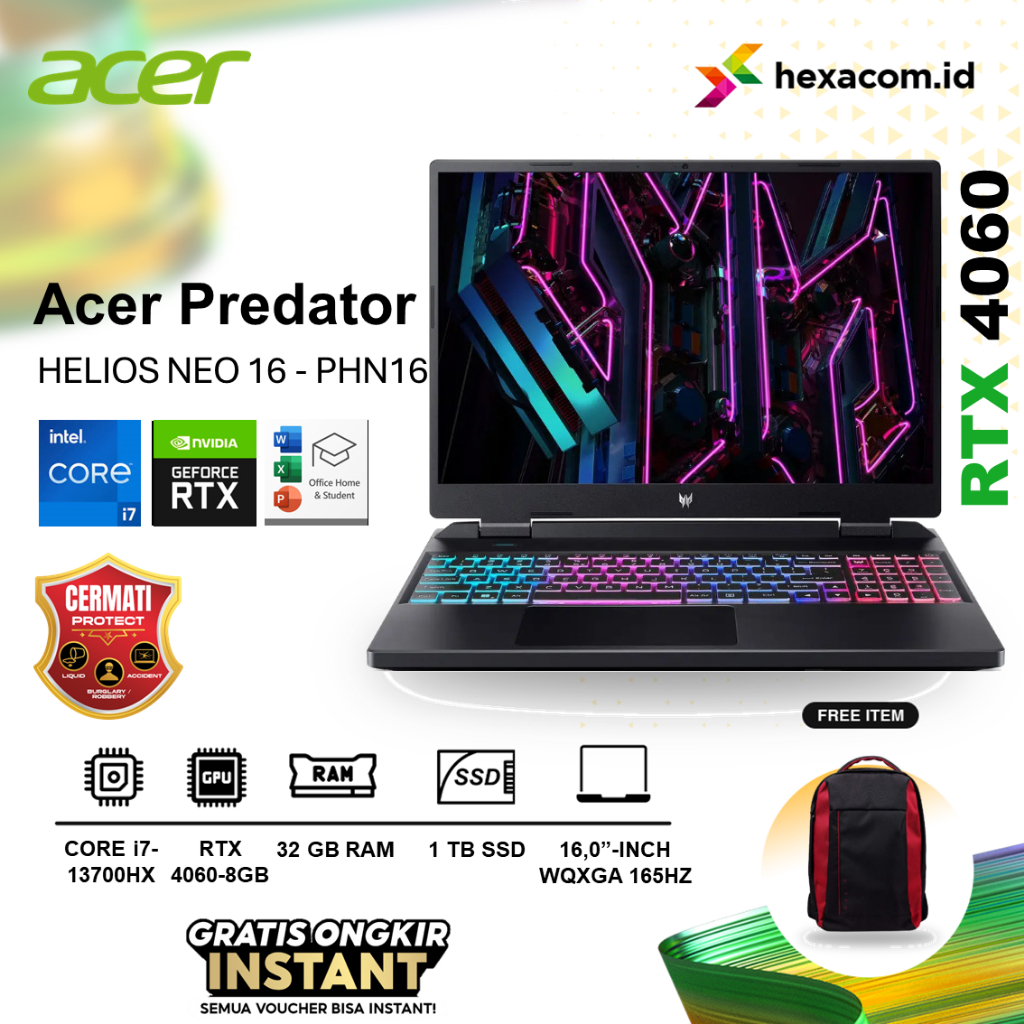 Laptop ACER Predator Helios Neo 16 Core i7-13700HX RTX4060 32GB 1TB Windows 11 OHS 16.0 WQXGA 165Hz