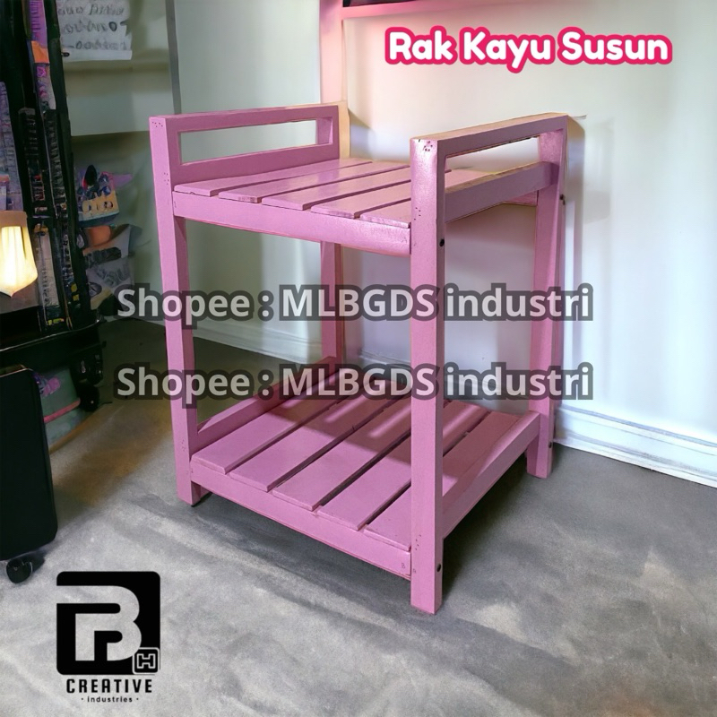 Rak Galon Meja Dispenser Rak Kayu Susun Warna Pink