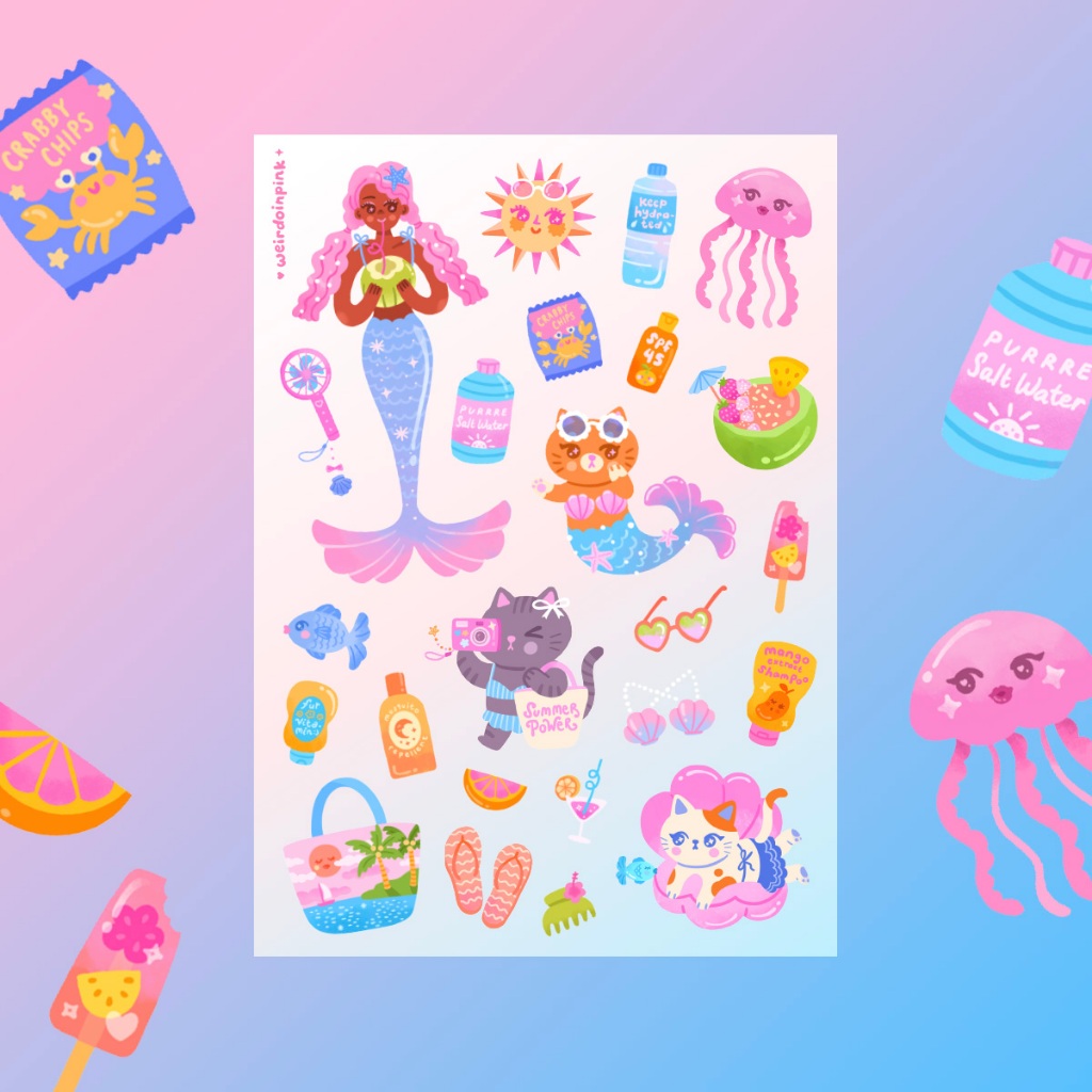 

weirdoinpink - Tropical Mermaid Cats Sticker Sheet, Vinyl Waterproof Sticker, Sticker Lucu Glossy