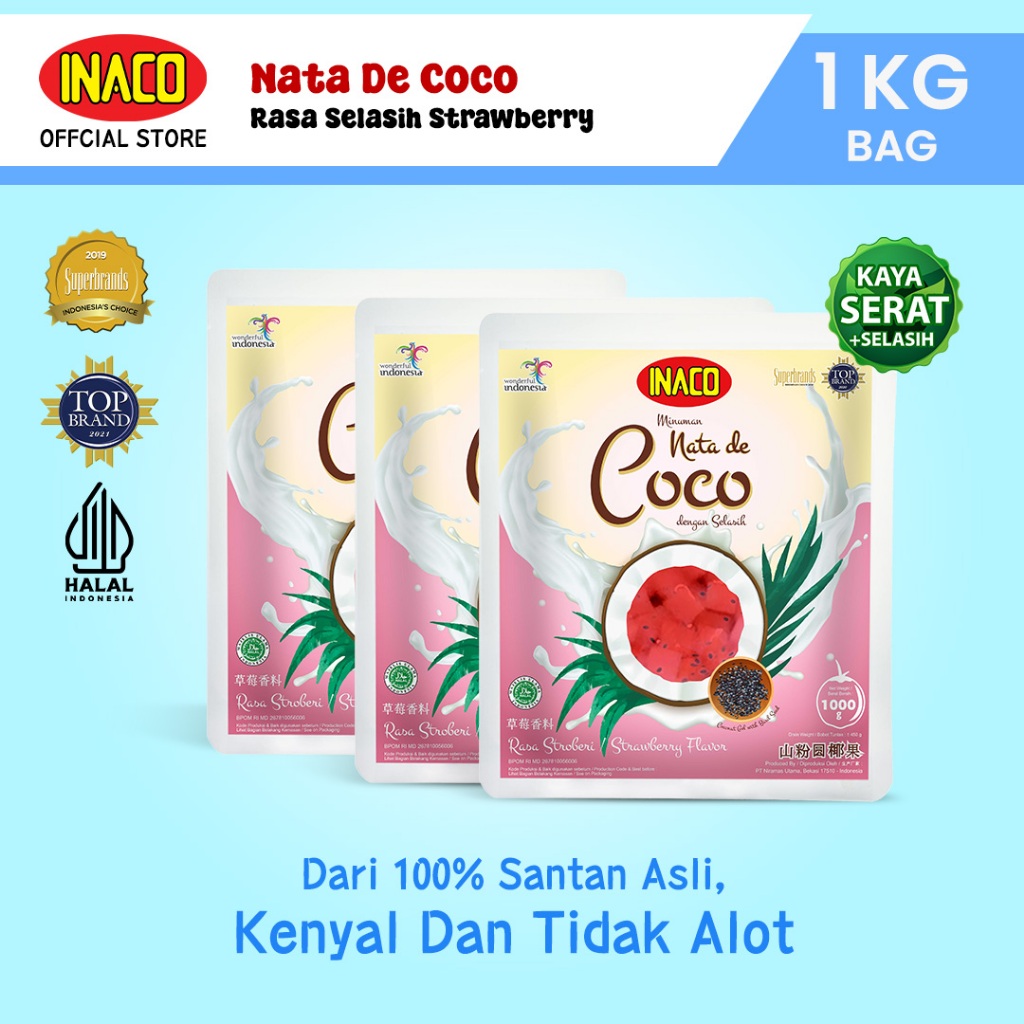 

INACO Nata De Coco Selasih Strawberry Pouch 1kg - Triplepack