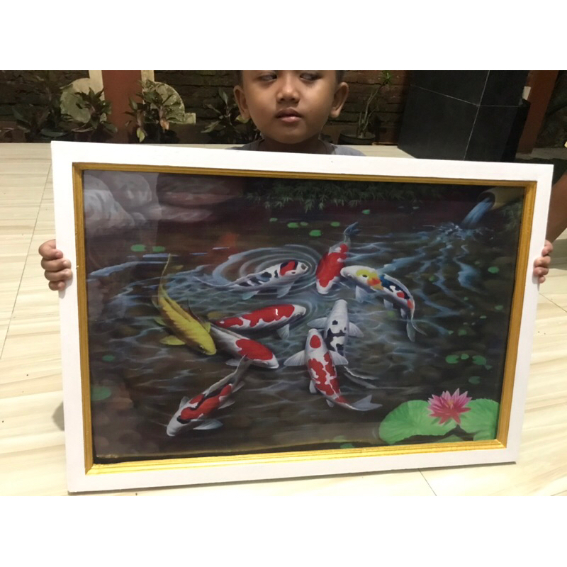 lukisan cetak gambar ikan Koi keberuntungan plus bingkai