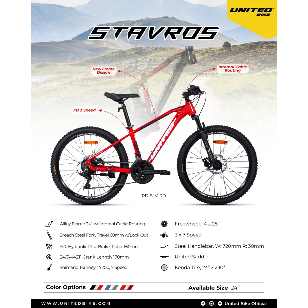 Sepeda Gunung MTB 24 Inch United Stavros Frame Alloy 21 Speed Rem Hidrolik