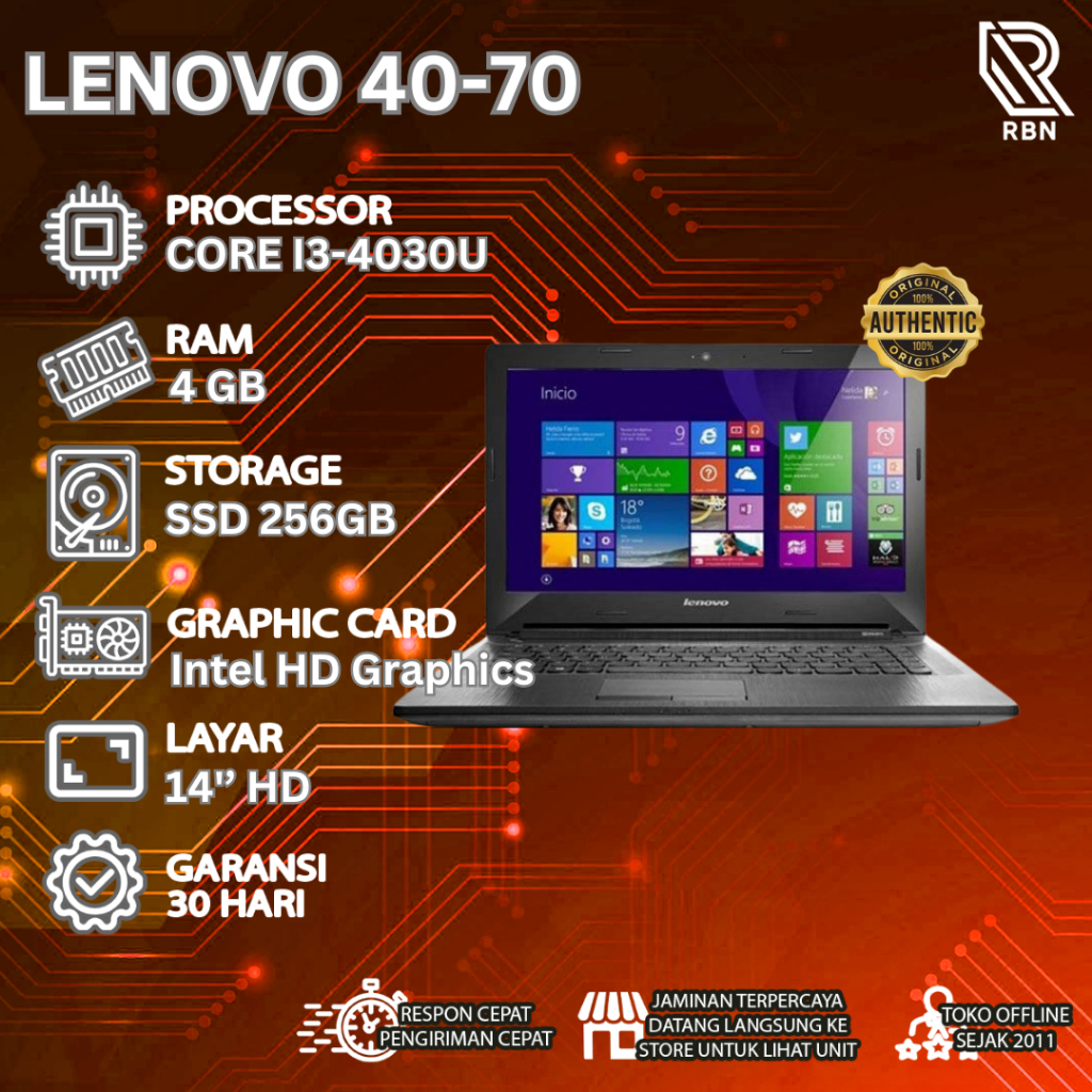 LAPTOP Notebook LENOVO IdeaPad G40-70 CORE I3-4030U RAM 4GB SSD 256GB Second ORIGINAL
