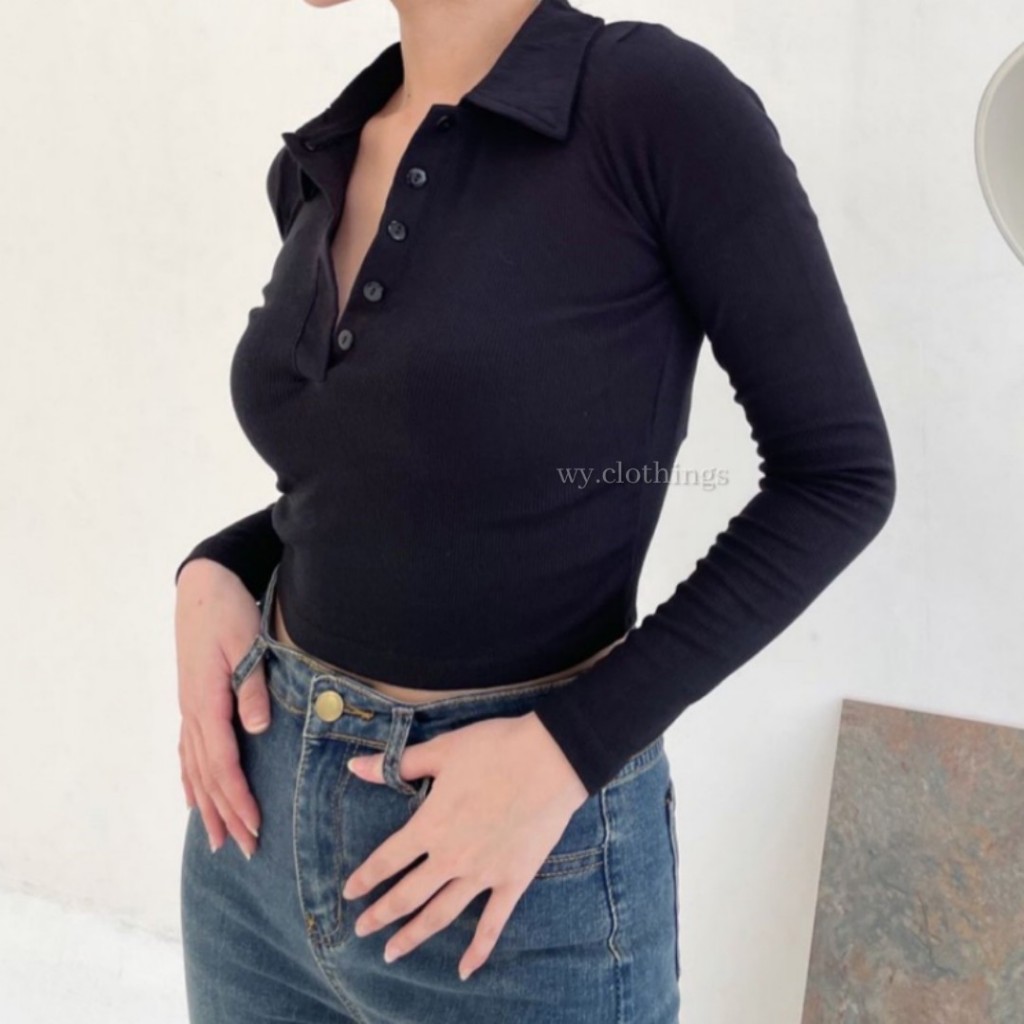 WY Ginna Polo Top - Kaos Polo Knit Lengan Panjang - Blouse Kerah Crop Top