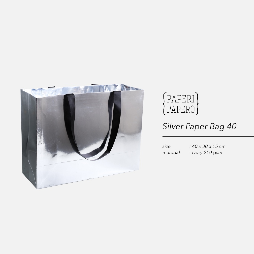 

Silver Paper Bag (40x15x30 cm) - (10 Pcs) Shopping Bag / Tas Kertas / Kantong Kertas Perak Metalik dengan Tali Pita Hitam